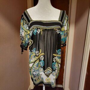 ECI Sheer Paisley Blouse - Size Large, Sheer, Peasant styled & multicolored